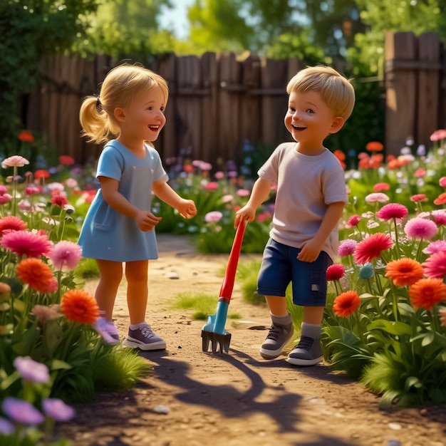 Foto un niño y una niña jugando en un jardín con una escoba y una escoba