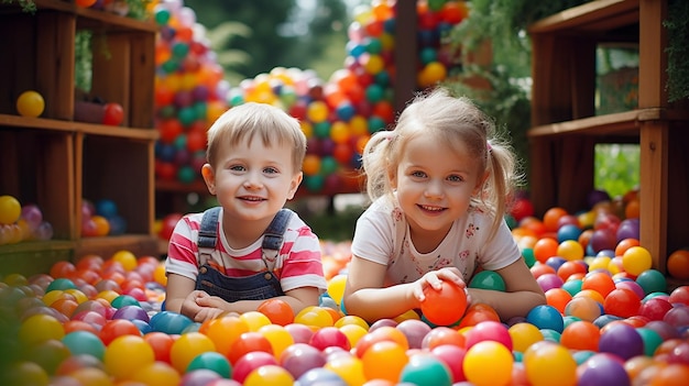 Un niño y una niña jugando en una piscina de bolas Día del niño