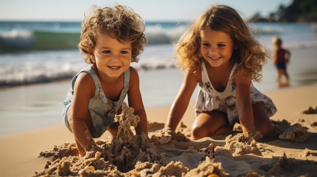 niño y niña jugando en la playa en las vacaciones de verano