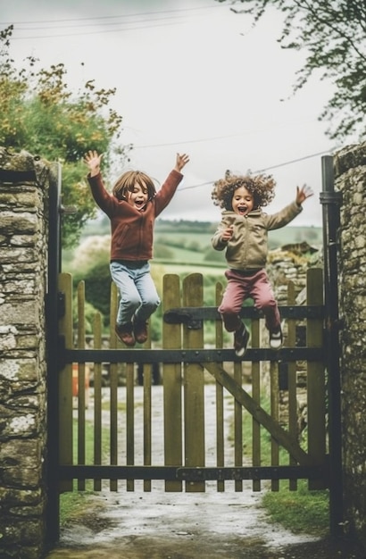 niño y niña jugando en una vieja valla en el campo IA generativa