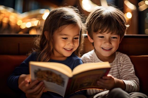 Foto niño y niña, leer un libro