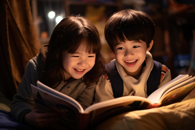 Foto niño y niña, leer un libro