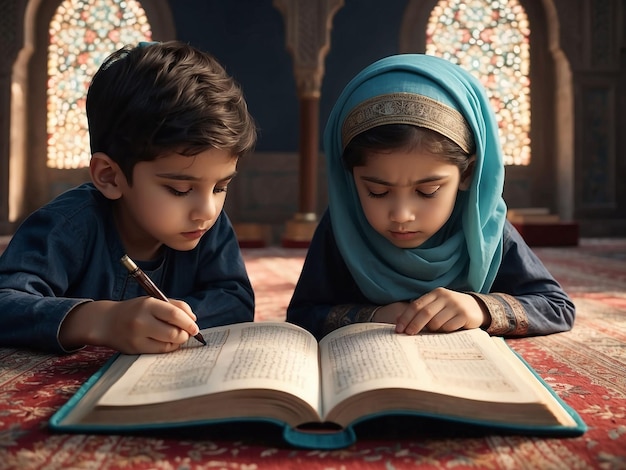 Foto un niño y una niña leyendo el corán