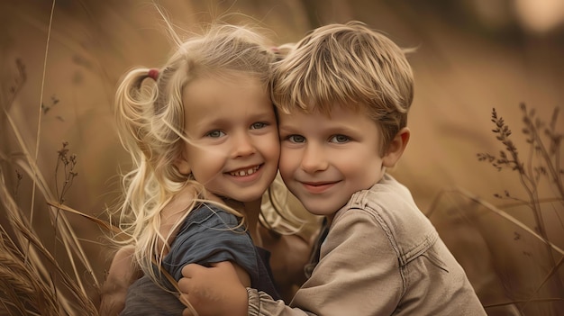 Un niño y una niña lindos con cabello rubio sonriendo y abrazándose en un campo de hierba alta al atardecer