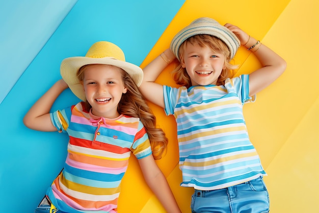 Niño y niña de moda con ropa elegante en la pared de colores b