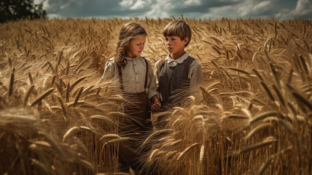 Un niño y una niña se paran en un campo de trigo.