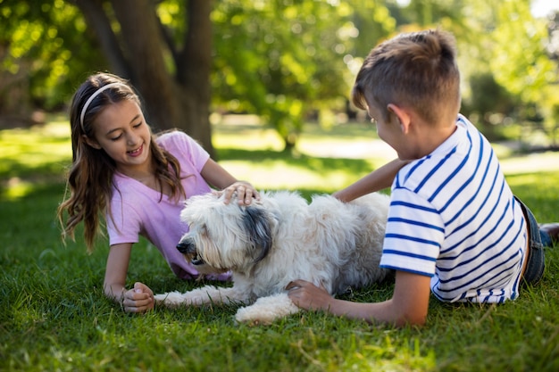 Niño y niña con perro en el parque