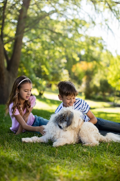 Niño y niña con perro en el parque