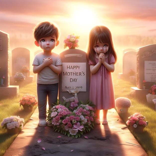 Foto un niño y una niña de pie en un cementerio con un letrero que dice 