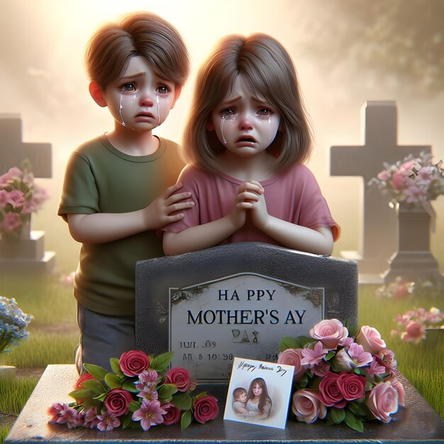 Foto un niño y una niña de pie frente a una tumba con un letrero que dice 
