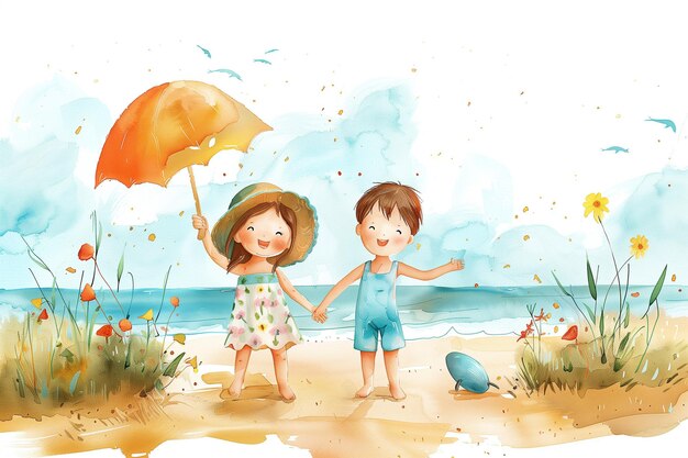 Niño y niña en la playa con un paraguas Ilustración vectorial