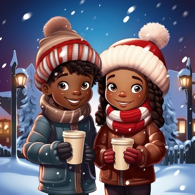 Un niño y una niña con ropa de invierno bebiendo chocolate caliente con un paisaje de invierno en el fondo.