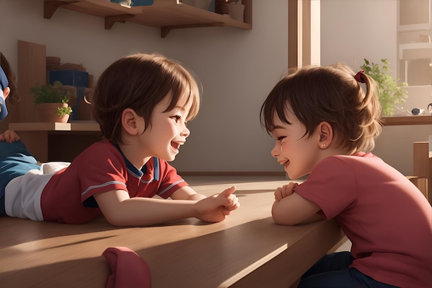 Un niño y una niña sentados en un banco, ambos mirándose y sonriendo.