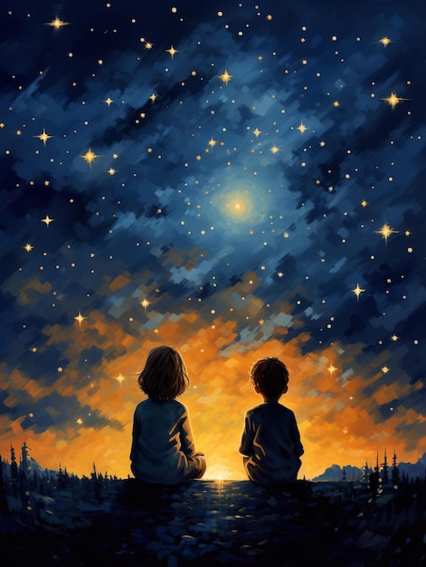 un niño y una niña sentados en el cielo nocturno.