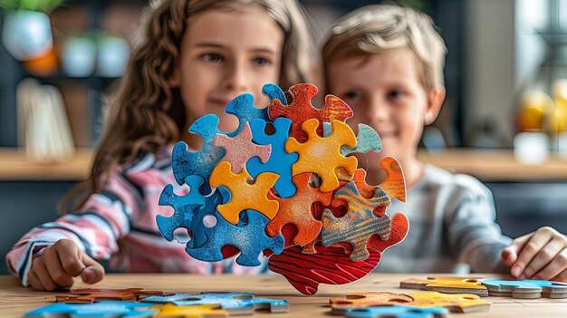 Foto niño y niña sentados en una mesa y conectando piezas de rompecabezas cerebro conciencia mundial del autismo