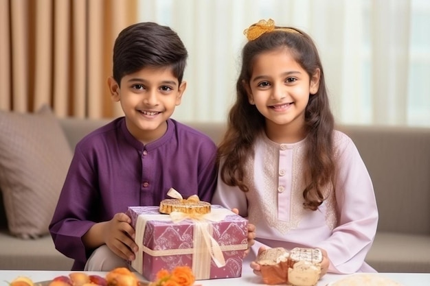 un niño y una niña sentados en una mesa con un regalo envuelto en una caja