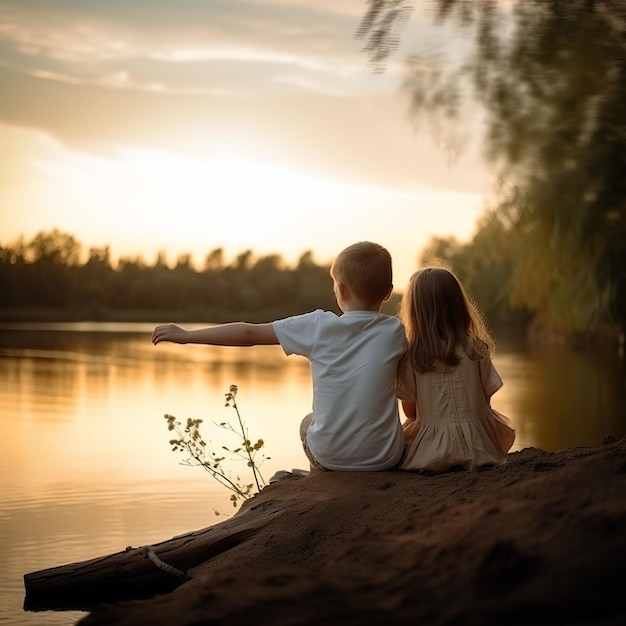 Un niño y una niña se sientan en el río.