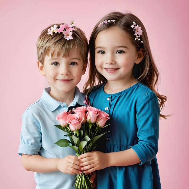 un niño y una niña sosteniendo flores y una chica sosteniendo un ramo de flores