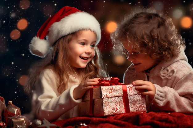 Un niño y una niña sostienen un regalo de Navidad Año Nuevo Fondo de Navidad generado por IA