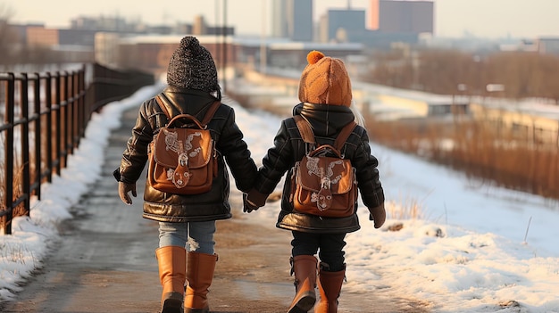 Un niño y una niña tomados de la mano caminando hacia atrás en ropa de invierno en una calle nevada