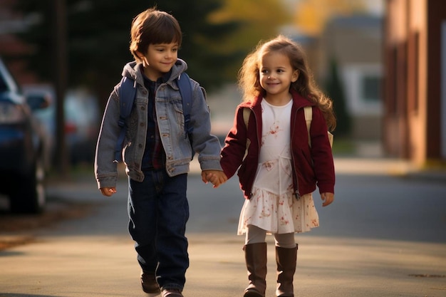 un niño y una niña se toman de la mano y caminan por la calle.