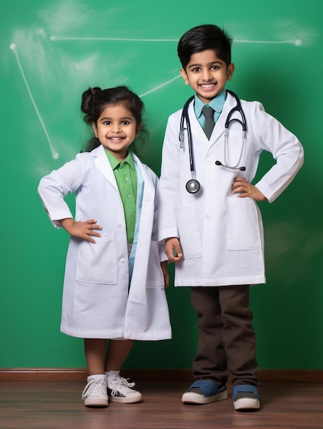 Un niño y una niña vestidos con batas de laboratorio blancas