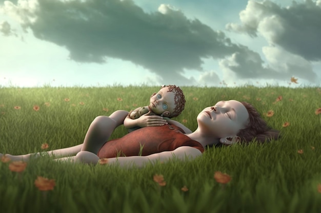 Un niño y una niña yacen en la hierba y el cielo está nublado.