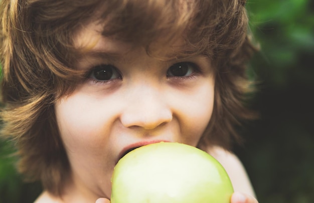 Niño niño comiendo una manzana en un parque en la naturaleza