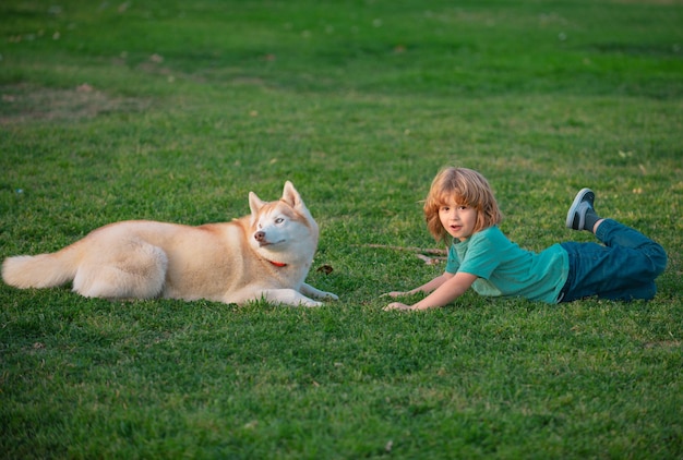 Niño niño juega con un perro en el césped al aire libre