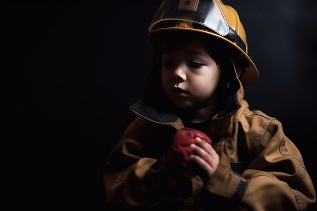 Niño niño en traje de uniforme casco del héroe de la valiente profesión de bombero fondo negro aislado