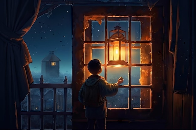 Niño de la noche encantada mirando las estrellas a través de la ventana digital