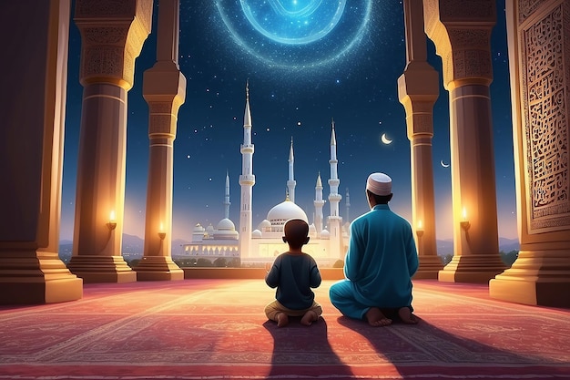 Niño o hombre musulmán oración para adorar a Alá en el templo sagrado o mezquita con gratitud como una familia en el Ramadán