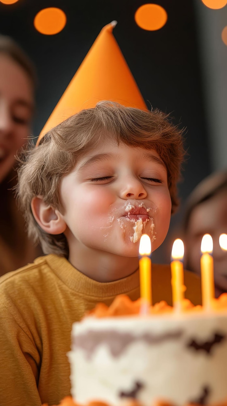 Un niño o niña de cumpleaños en un disfraz soplando velas en un pastel temático de Halloween rodeado de amigos en un entorno festivo
