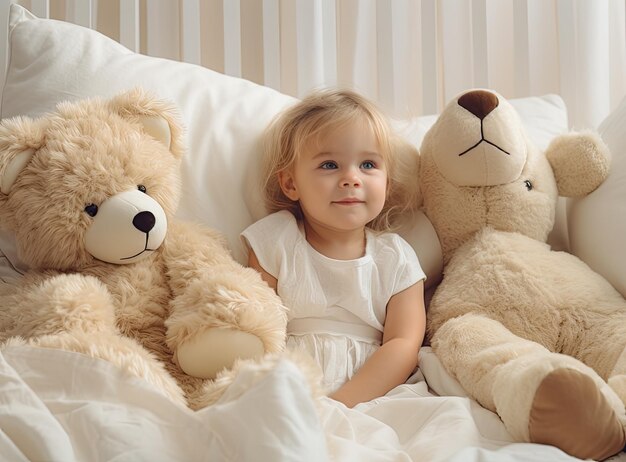 Niño o niña feliz con gorro de lana acostado con osito de peluche debajo de la manta en la cama Creado con tecnología de IA generativa