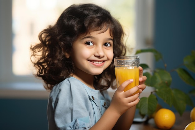 Un niño o una niña indios lindos y felices beben jugo de fruta en un vaso mientras están sentados en una mesa.