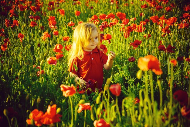 Niño o niño sonriente con cabello largo y rubio en camisa roja en campo de flores de amapola con tallo verde sobre fondo natural verano primavera infancia y felicidad opio ecología y medio ambiente