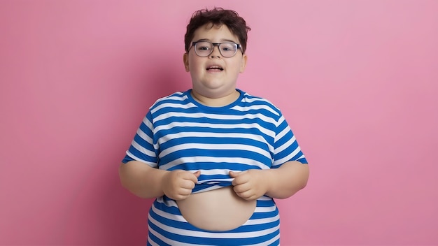 Niño obeso con sobrepeso sobre un fondo rosado