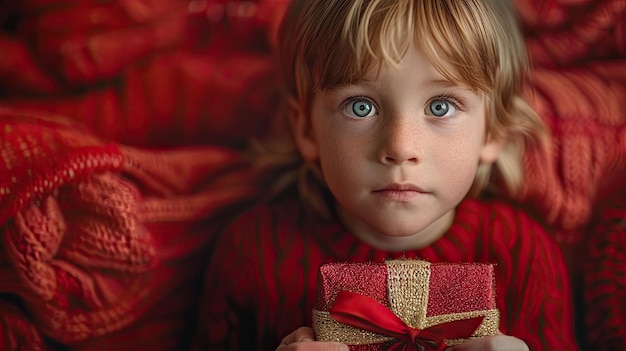 Un niño con ojos ansiosos antes de abrir un regalo