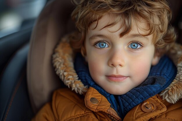 Niño de ojos azules en el asiento del coche