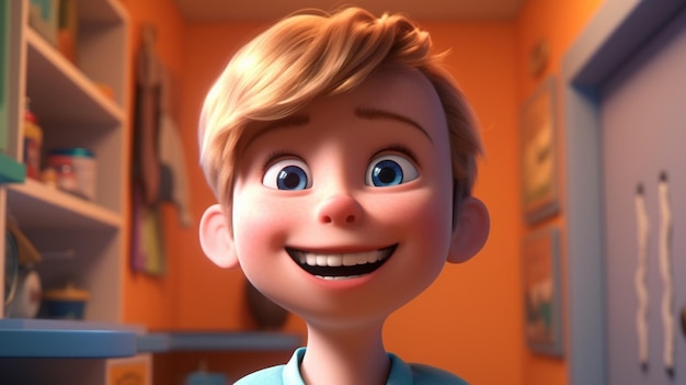 Un niño con ojos azules y una camisa azul con la palabra secreto en el frente.
