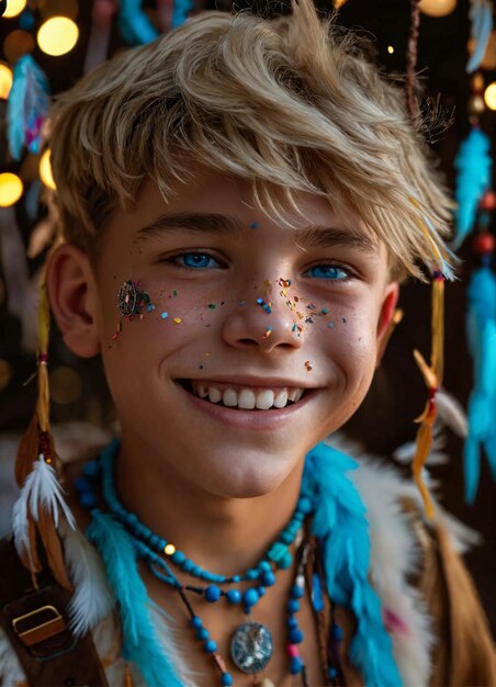 un niño con ojos azules y un collar de cuentas azules está sonriendo
