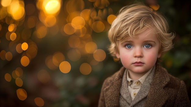 Foto niño con ojos azules en el patio trasero de crepúsculo