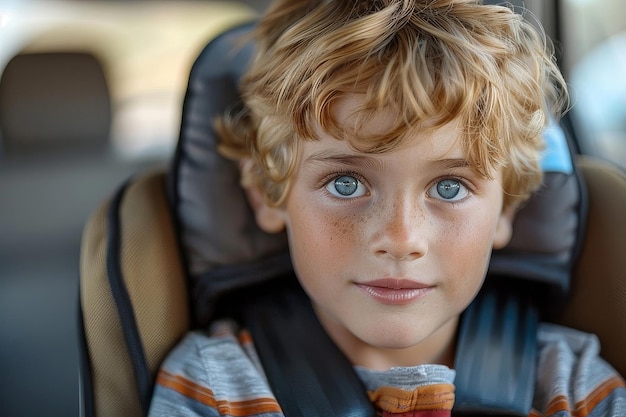 Niño de ojos azules sentado en el asiento del coche