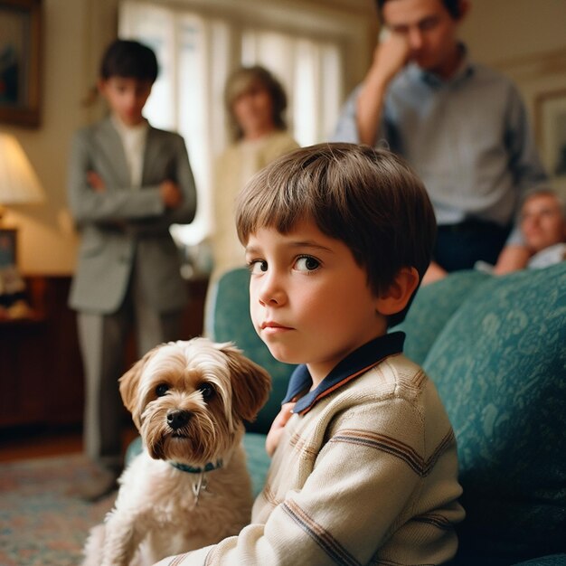 Un niño con ojos expresivos se sienta con un perro pequeño y esponjoso. El niño está ofendido y se siente solo.