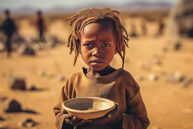 Un niño con los ojos llenos de anhelo sosteniendo un cuenco vacío en medio de un paisaje estéril