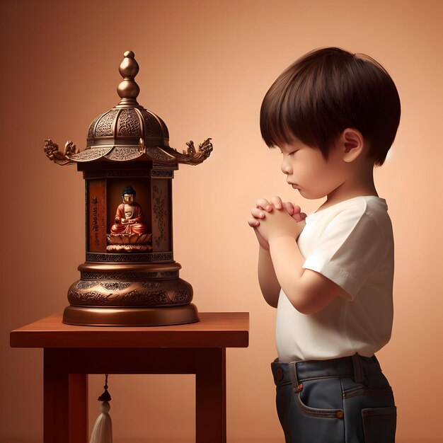 Foto un niño está orando junto a una estatua de buda