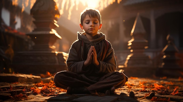 Foto un niño orando con las manos en la cara frente a una sala de oración