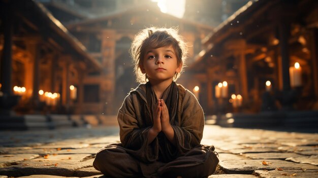 Foto un niño orando con las manos en la cara frente a una sala de oración