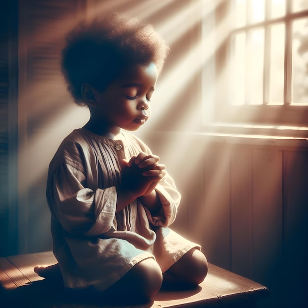 niño orando pacíficamente en la suave luz de la mañana en el interior