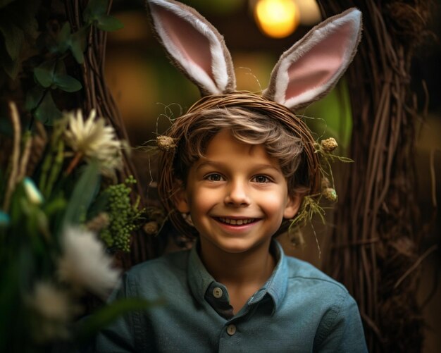 Foto un niño con orejas de conejo